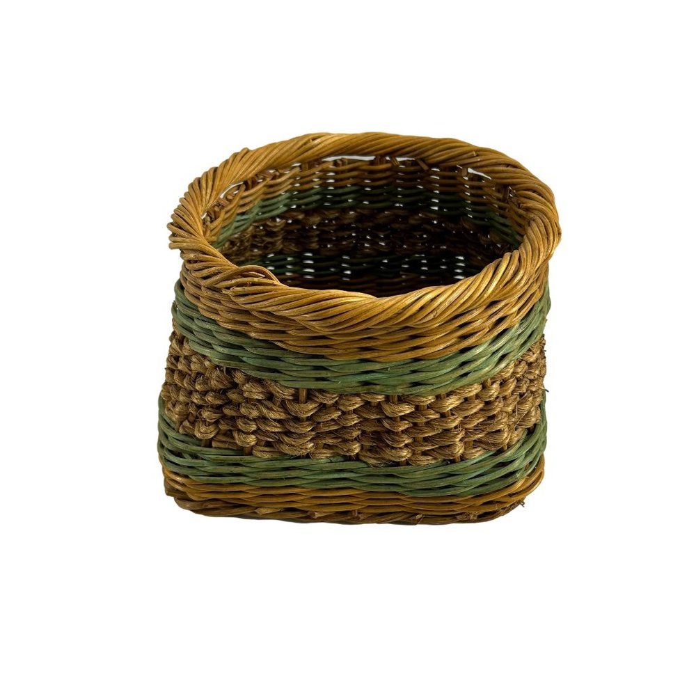 Green Brown Woven Basket 6" Tall Storage Decor Plant Holder Farmhouse Country